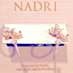 Nadri Gold and White Pearl Earrings with Crystal Accents